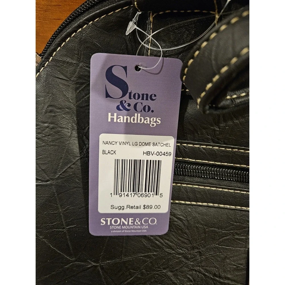 Stone & Co. Nancy Large Dome Satchel Black Purse White‎ Stitch NEW